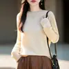 Suéter de malha sem costura em lã fina e lã de iaque para mulheres, gola redonda, quente para outono e inverno, caimento solto, adequado como camada base.