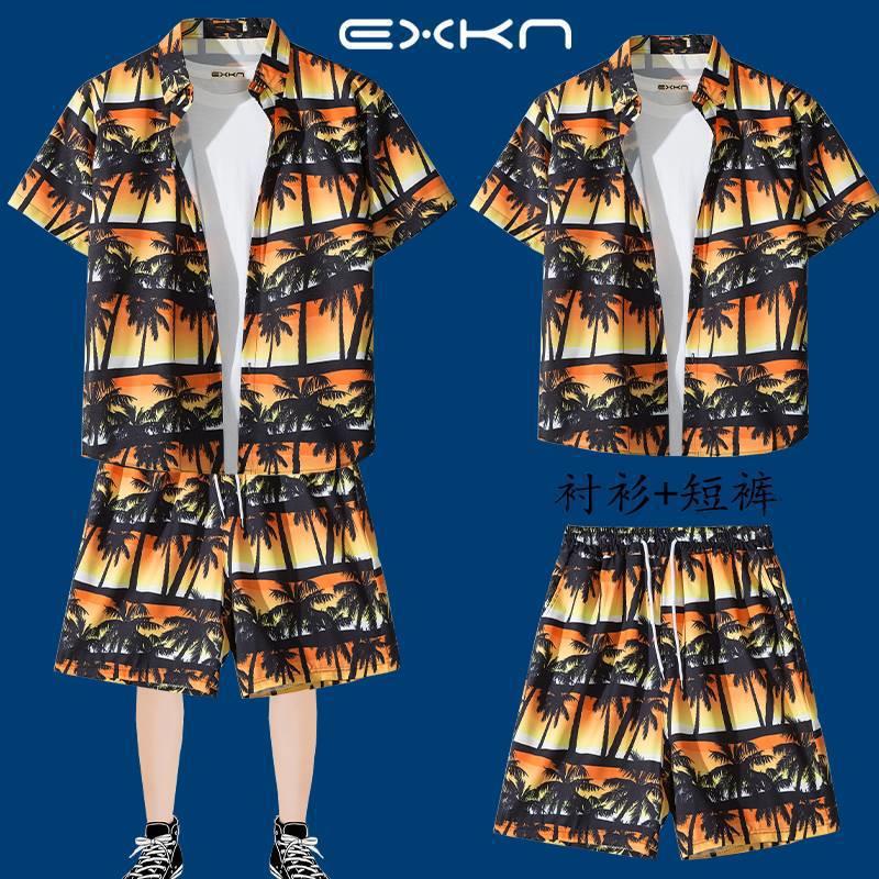 冰丝短裤一整套男夏季薄款宽松短袖碎花衬衫夏威夷情侣沙滩服套装