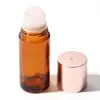 Botella dispensadora de aceite de ricino de vidrio ámbar de 50 ml, botella aplicadora roller de jade cristal rosa natural, botella aplicadora roller de cuarzo rosa