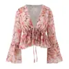 Comercio Exterior Transfronterizo Ropa de Mujer Primavera 2026 Estilo Europeo y Americano Cuello en V Mangas Acampanadas Cordón Camisa Estampada Top para Mujer M11726