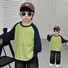 Camiseta de Punto Nueva Primavera 2026 para Niños con Bloques de Color y Cordón, Top Patchwork Versátil para Niños, Camiseta Casual de Moda