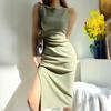 Vestido Blanco Retro Francés Fuera del Hombro Ajustado Cintura Ajustada Plisado Abertura Lateral Sexy Falda Slip para Mujer