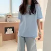 Camiseta Azul Bebê Caseira Manga Curta Feminina Gola Redonda Estilo Japonês Cor Doce Suave Top Azul Creme 2025 Novo