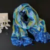 Bufanda de Algodón y Lino Estilo Isla de Coco para Mujer, Diseño Original, Patrón de Hojas Azules, Chal Largo con Borlas para Sombrilla y Protección Solar, para Primavera y Verano