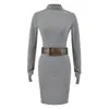 Elegante Vestido Largo de Manga Larga con Cinturón y Cuello Semi Alto para Mujer, Temporada de Primavera y Otoño, Estilo Puro Deseo, Cintura Ceñida, Ajustado al Cuerpo, Vestido Corto Bodycon Sexy