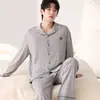 Pijama atacado de manga longa e calça longa para mulheres, novo tecido de algodão stretch de outono, cardigã masculino com gola de lapela, roupa para casa para casais