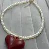 Collares Retro Europeos y Americanos, Cadenas Sexy para Clavícula, Colgantes Pintados Grandes de Corazón de Melocotón con Lazo, Collares de Perlas al por Mayor