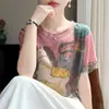 Suéter Feminino Malha Fina Gola Redonda Manga Curta Estampa Tie-Dye Modelagem Solta Pulôver Camada Base T-Shirt Nova Primavera/Verão 2026