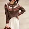 Cárdigan para Mujer Retro Fair Isle Flor Roja Tejido Suéter de Otoño Abrigo Petite Cuello Redondo de un Solo Botón Top Versátil