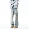 Calça jeans com estampa de letras para homens, primavera e outono, reta solta de perna larga estilo americano high street, calça longa versátil moderna e estilosa