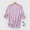 Primavera Verão Amigo da Pele Primeira Linha Seda de Amora Camiseta Feminina Gola Curta Manga Curta Suéter Fino Emagrecedor Lã Roupas Femininas Manga Meia