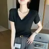 8710 Camiseta de Manga Corta Ajustada con Cuello Semiabierto para Mujer, Nuevo Estilo Coreano de Verano, Top Corto Elegante y Versátil para Mujeres Menudas
