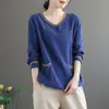 Nuevo Top Pulóver Holgado Versátil de Algodón y Lino con Mangas Largas, Cuello en V y Estampado Floral Vintage, Talla Grande, para Primavera y Otoño 2025