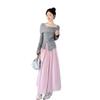 Diseño Otoño Temprano 2025 Camiseta de Manga Larga Gris Azul con Lazo Efecto Adelgazante Prenda Interior Top Hombro Derecho para Mujer