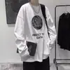 Nova Camiseta de Manga Longa Primavera e Outono Camiseta Solta Masculina Tendência Camiseta Básica Gola Redonda Camiseta Preta de Manga Longa