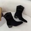 Botas Western de Tacón Grueso Puntiagudas Vintage Chuyuji para Mujer Botas Martin Estilo Nuevo Otoño-Verano 2026 Botas de Pierna Delgada
