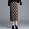 Saia Xadrez Justa ao Corpo Feminina Outono 2026 Nova Cintura Alta Elegante Justa Midi Fenda Reta Longa Saia Lápis