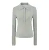 Suéter de punto a rayas color albaricoque con cuello polo, estilo suave, para mujer, atuendo de otoño, estilo coreano, versátil, corte ajustado, top de manga larga