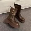 Botas estilo Martin de cano médio para mulheres petite, novas ankle boots retrô outono 2026, botas curtas marrons da moda