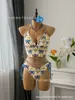 Novo Biquíni Duas Peças com Estampa de Coqueiros e Gola Halter, Calcinha com Tecido Canelado e Amarração Lateral, Roupa de Banho para Férias na Praia