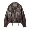 Jaqueta de Couro PU com Gola Reversível Retrô para Mulheres, Jaqueta de Couro Curta Biker com Cordão na Cintura, Casaco de Couro Casual para Outono e Inverno