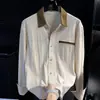 Camisa Masculina Color-Block Tendência Estilo Old Money, Respirável, Gola Turn-Down Color-Block, Camisa Masculina Casual Versátil de Manga Longa