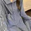 Pijama de Rayas Azules Contrastantes Estilo Coreano para Mujer, Conjunto de Dos Piezas de Cardigan de Manga Larga con Solapa para Otoño e Invierno, Ropa de Casa Cálida que se Puede Usar Afuera