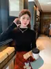 Suéter base de punto rosa de cuello medio alto para mujer, ropa interior, nuevo estilo otoño e invierno, encaje, top estilo perezoso, amarillo