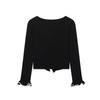 Cardigan Tricotado de Manga Comprida Preto Contrastante com Costura de Renda Estilo Ins Primavera 2025 Top Curto Slim Feminino