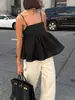 Moda Nueva Primavera y Verano Versátil Algodón Puro Rayas Dobladillo con Volantes Camisola Superior, Estilo Perezoso Casual Holgado Cintura Alta Superior