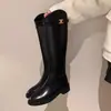 Versión de Piel de Vaca~Piel Genuina Hebilla Oblicua Correa Arco del Triunfo Botas Largas Tacón Grueso Botas Altas Botas de Caballero Botas Largas de Otoño/Invierno para Mujer Más Terciopelo
