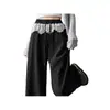 Calça Wide Leg Patchwork de Renda com Bolinhas Feminina Outono Cintura Alta Perna Reta Hot Girl Linha A Fluida Solta Casual Comprimento Total