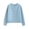 Jaqueta de manga comprida azul clara de estilo suave, suéter de tricô, top curto, camisa de modelagem solta, cardigã de suéter novo para outono e inverno, moderno