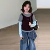 Camiseta Manga Longa Patchwork Estilo Coreano Nova Coleção Outono 2025 para Meninas, Peça Versátil para Usar por Baixo, Venda por Atacado