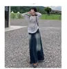 Saia Jeans Longa Feminina, Cintura Alta com Barra Desfiada, Nova Saia Midi Guarda-Chuva A-Line para Altas com Barra Larga