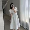 Vestido Preto Forrado Estilo Estrangeiro Manga Bufante Nova Francesa Saia Evasê Emagrecedora Cintura Verão Elegante Saia de Grande Balanço para Mulheres