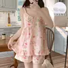Pijama de Verano Transfronterizo para Mujer con Almohadillas en el Pecho, Camisola Corta de Algodón Nube, Estilo Dulce Pastoral, Ropa de Casa Delgada que se Puede Usar Afuera