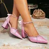 Sandalias de Tacón Grueso Abiertas por Detrás con Puntera Puntiaguda y Brillo Rosa 2026 para Mujer con Cruz de Pedrería y Moño de Satén Sandalias de Fiesta