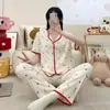 Algodón de Nube Verano Nuevo Cárdigan Solapa Manga Corta Pantalones Chica de Dibujos Animados Dulce Hogar Atuendo traje Pijama