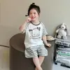 Pijama Infantil para Niñas, Verano Manga Corta Imitación Algodón Conjunto Delgado, Ropa de Casa Linda de Dibujos Animados para Niños Mayores, Verano