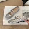 Zapatos Planos de Malla Plateada Estilo Francés 2025 Nuevo Estilo Calados Tejidos para Mujer Boca Baja Punta Redonda Correa con Hebilla Zapatos Mary Jane