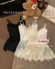 1085 # Rayón Elegante Cuello en V Estilo Femenino Hermoso Encaje Tirantes Atmósfera Femenina Malla en Capas Empalme Cortina de Glúteos