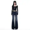 Jeans bootcut estilo americano de moda 2026 transfronterizos, no ajustados, jeans de cintura alta ligeramente acampanados color azul vintage para mujer, colección de otoño