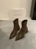 Novas Botas Curtas de Camurça Cinza para Outono e Inverno para Mulheres Bico Fino Salto Alto Elástico Botas Slim Meia-Calça de Salto Grosso Veludo Francês