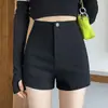 Moda 2026 novos shorts de inverno em fleece elástico para mulheres, cintura alta, pretos, emagrecedores, versáteis e com o moderno estilo boot-cut