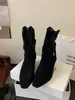 Botas de Cano Curto Chuyuji com Salto Grosso, Botas Western de Camurça, Botas Plissadas de Salto Alto Outono e Inverno para Mulheres, Botas de Cavaleiro Plissadas Versáteis Vintage