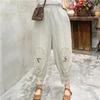 Pantalones de Algodón y Lino Estilo Vintage para Mujer, Pantalones Harem de Encaje Bordado Sueltos Cortos de Verano, Pantalones de Zanahoria Linterna