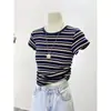 Tops Retro Estilo Hong Kong para Verano Camiseta de Rayas en Contraste para Mujer Cuello Redondo Estilo Coreano Hombro Delgado Mangas Cortas