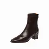 Botas de cuero super elásticas para mujer, botas de corte ajustado, nuevo estilo coreano otoño/invierno, punta cuadrada, cierre trasero, botas de tacón medio grueso, botines elásticos para mujer