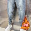 Pantalones vaqueros desgastados de estilo vintage azul para hombre, de otoño e invierno, con forro polar, holgados, rectos y casuales, con costuras anchas.